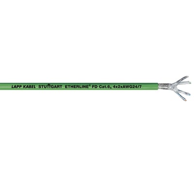 Lapp Etherline FD Cat.6A S/FTP industrielt Ethernet kabel i grøn med afskærmede ledere synlige for enden.