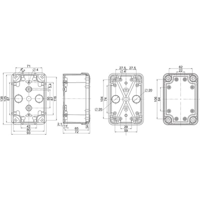 Tekniske tegninger af Schneider Electric Thalassa TBP kasse i polycarbonat, viser dimensioner og monteringselementer.