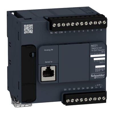 Schneider Electric Modicon M221 PLC TM221C16T med 24V DC indgang, 9 digitale indgange og 7 digitale udgange.