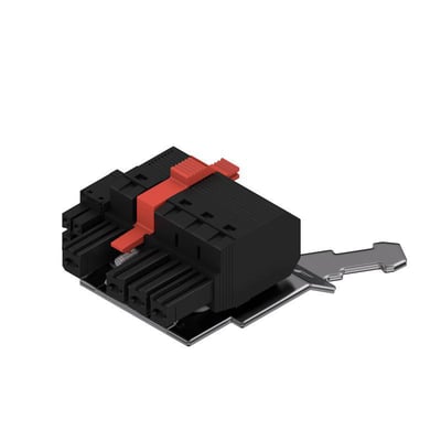 Weidmüller hybridconnector med fire poler og PUSH IN-aktuator, vist skråt forfra med sort hus og rød betjening.