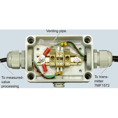 Siemens samledåse 7MF1572 til transmitter med åbent låg, viser tilslutningsklemmer og ventilationrør.
