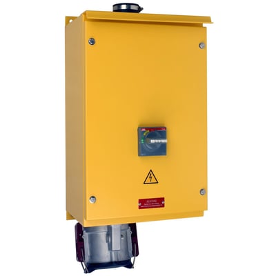 Gul el-boks med CEE stikkontakt 160A, 6h, IP67, 3P+PE og en drejekontakt på fronten med advarselsskilt.