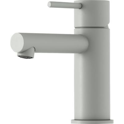 Mora INXX II Sharp Small håndvaskarmatur i mat-grå med lige profil og forkromet overflade på hvid baggrund.