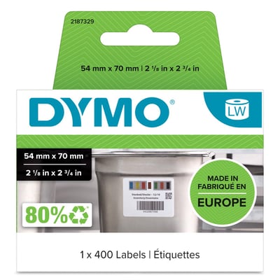 DYMO LabelWriter etiketter på 70x54mm med hvid baggrund og farvet bjælke, 400 stk. pr. rulle, lavet i Europa.