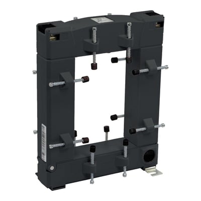 Schneider Electric Split Core CT GG strømtrafo med 750A/5A strømforhold, viser den grå plastkonstruktion med monteringsskruer og åben kerne.