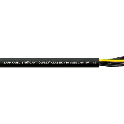 Lapp kabel ÖLFLEX CLASSIC 110 black 0,6/1 kV med tydelig CE-mærkning og synlige sorte ledere samt gul/grøn jordleder.