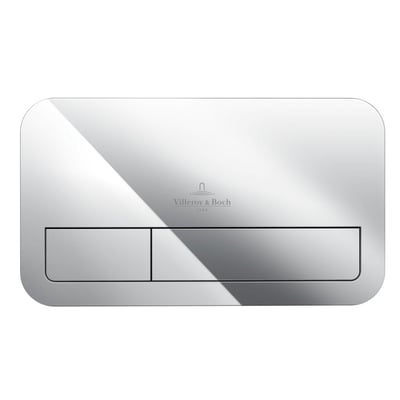 Villeroy & Boch ViConnect betjeningsplade med blank kromfinish og synlige dobbeltskyl-knapper på hvid baggrund.