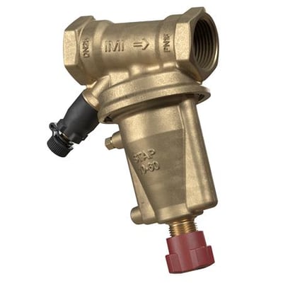 IMI TA STAP differenstryksregulator i messing, DN15/½", med aftap og rød justeringsknap.
