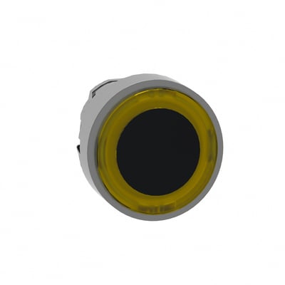 Schneider Electric ZB4BW983 lampetrykhoved med gul ring og plan trykflade, designet til LED-belysning.