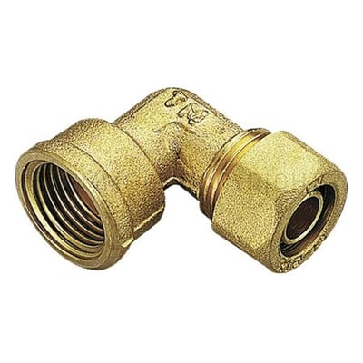 Messing PEX vinkel 90⁰ fra Tiemme, der viser 28mm rørdimension og muffesamling med 1" indvendigt gevind.