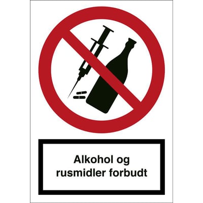 Forbudsskilt i refleks aluminium med symbol og teksten 'Alkohol og rusmidler forbudt' på A4-størrelse.