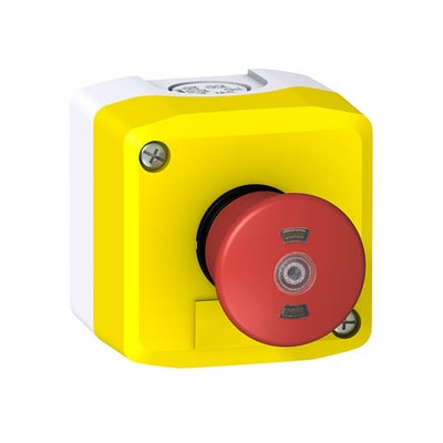 Schneider Electric nødstopbox komplet med rød tryk/træk-knap, gule og hvide kabinet, 2 NC kontakter til elevatorer.