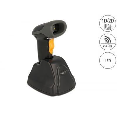 DeLock 2.4 GHz barcodescanner i sort plast med gul knap, placeret i sort ladestation med DeLock logo.