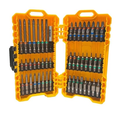 Ironside bitssæt med 72 dele, farvekodede bits og bitsholder samlet i en åben orange plastkassette.