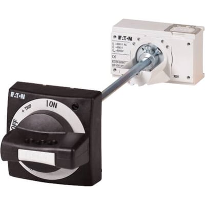 Eaton NZM2 dørkobling og håndtag i sort/grå, aflåsbar i 0-position med metalstang forbundet til en hvid enhed.