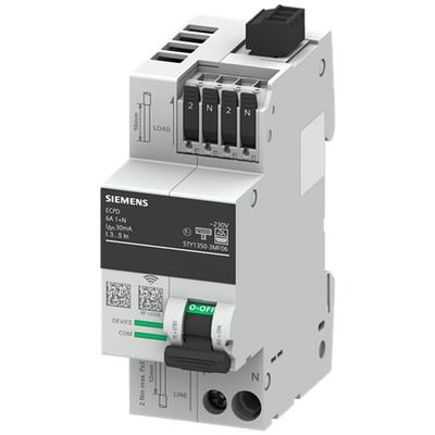 Siemens ECPD COM 6A 1+N type F fejlstrømsafbryder med måle- og kommunikationsfunktion, 230V AC, hvid og grå.