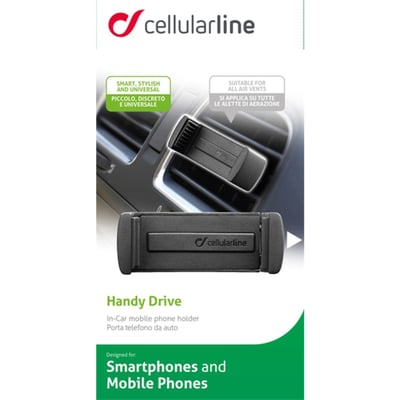 Cellularline Handy Drive mobilholder til luftdyser, viser holderen monteret i en biludluftning og på en mørk baggrund.