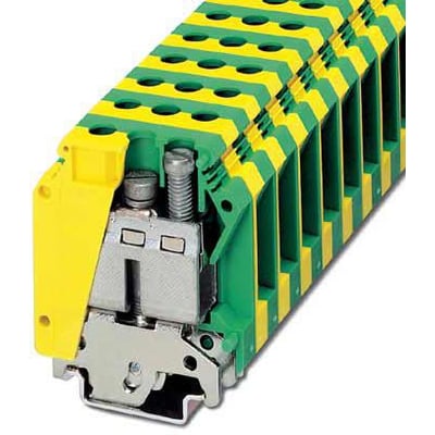 Phoenix Contact jordklemme USLKG 35 med skruetilslutning i grøn og gul, monteret på skinne med synlige skruer.