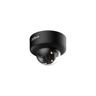 Sort Dahua 4MP Smart Dual Light AI-domekamera med motoriseret 2,7-12 mm objektiv set skråt forfra.