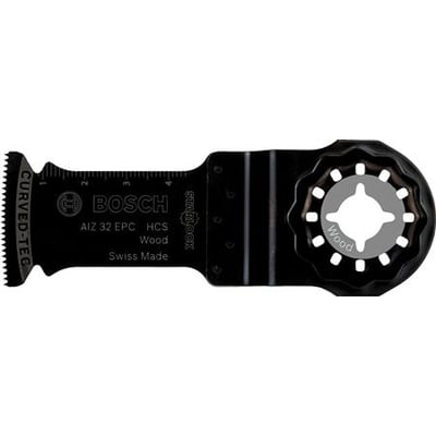 Bosch AIZ 32 EPC HCS-dyksavsklinge til træ, 50 x 32 mm, set forfra med sort klinge og Starlock-fæste.