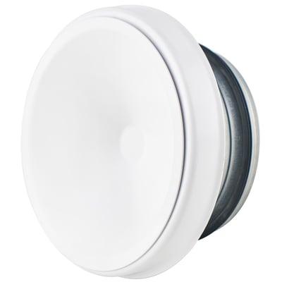 Hvid AVN-tilluftsventil på 100 mm med rund front og synlig metalramme bagpå, set skråt fra siden.