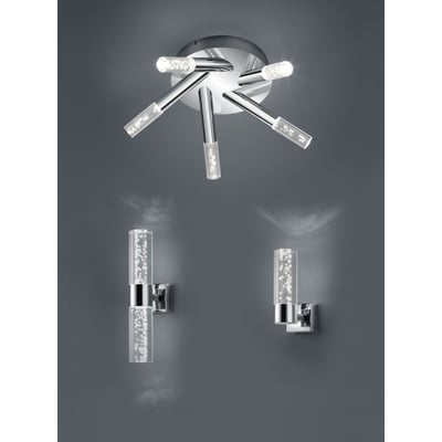 TRIO Lighting Bolsa H2O LED væglampe i krom og glas med 3 lysarme, der viser indbygget LED og boble-effekt i glasset på en grå baggrund.