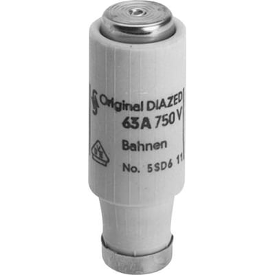 Siemens Diazed-sikring type 5SD605 til 750 V DC, 16 A, DIII og E33, vist stående med metalender.