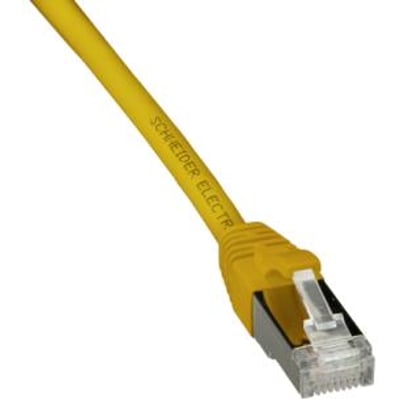Lauritz Knudsen patchkabel Kat.6A S/FTP i gul LSZH med 5 meter længde, viste stik med tydelig aflastning og Schneider Electric logo.