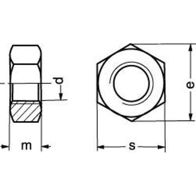 Teknisk tegning af en M20x1.5 møtrik i elforzinket stål, DIN 934, klasse 10, med angivelse af dimensioner som s, e, m og d.
