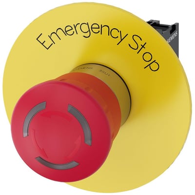 Siemens nødstop trykknap med lys i metal, 40mm rund, med 'Emergency Stop' tekst og rød trykknap med indbygget LED.
