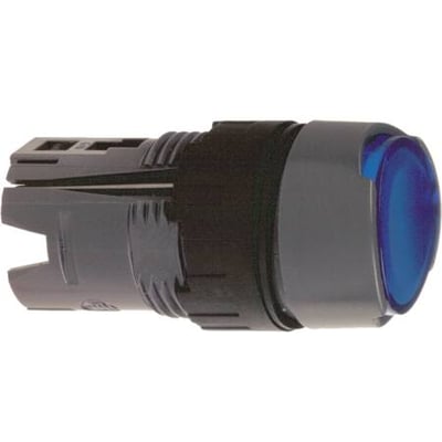 Schneider Electric lampetryk Ø16 rund, blå kip med LED fra Harmony XB6 serien, viser den grå plastkrop og blå linse.