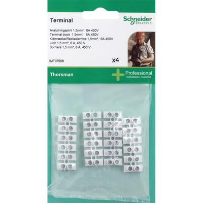 Schneider Electric Blist klemmerække 1,5mm, pakke med 4 stk. hvide klemmer i klar plastemballage.