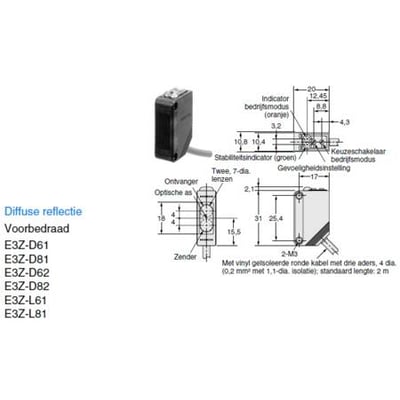 Tekniske tegninger af Omron fotocellesensor E3Z-D62, viser dimensioner, optisk akse og monteringsdetaljer.