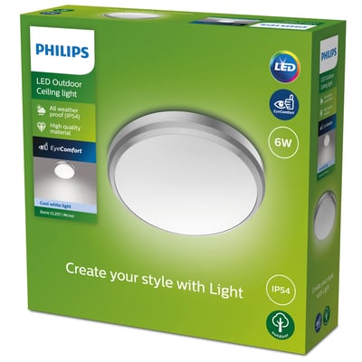Philips Lighting Doris LED udendørs loftlampe i mat krom, 6W, 4000K, IP44, præsenteret i sin grønne emballage med produktinformation.