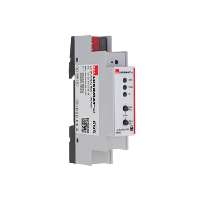 B.E.G. LK-IP/KNXs REG KNX IP-router i hvid og grå med indikatorlamper og betjeningsknapper på fronten.