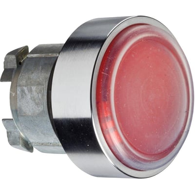 Schneider Electric Harmony Style 4 trykknap med rød silikonekappe og metalring, 22mm diameter. Synlig monteringsmekanisme på siden.