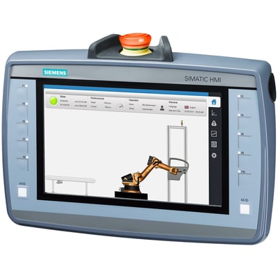 Siemens SIMATIC HMI KTP900 Mobil med 9" touchskærm, der viser et robotanlæg i drift med statusinformation.
