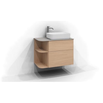 Svedbergs Poem Soft underskab i eg med to skuffer og åbne sidehylder, vist monteret under en håndvask.