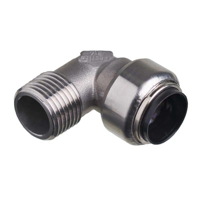 Detaljebillede af Roth 90-graders vinkel fitting i rustfri stål, med 18mm indstik og 1/2" gevind.