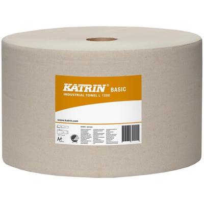 Katrin Basic industrirulle L 1200, hvid 1-lags aftørringsrulle med synlig papkerne og orange-hvid etiket.