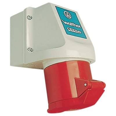 Walther-Werke CEE udvendigt vægudtag, 16A, 5P med dåse og IP44 beskyttelse, fremstillet af glat, rengøringsvenligt plast.