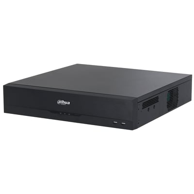 Dahua NVR5864-16P-EI2 netværksvideooptager med 64 kanaler og 16 PoE-porte, set skråt forfra.