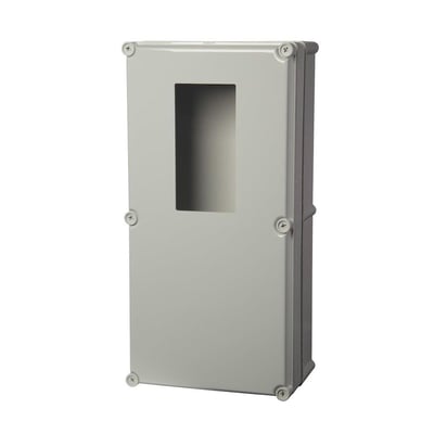 Fibox MSR målerskab uden klemme, vist fra siden, der fremhæver dets dybde og konstruktion i lys grå polycarbonat. Skabet er velegnet til mindre tavleanlæg.