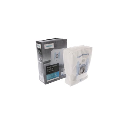 Siemens PowerProtect støvsugerposer i hvid fleece, vist udpakket og i klar plastemballage på hvid baggrund.