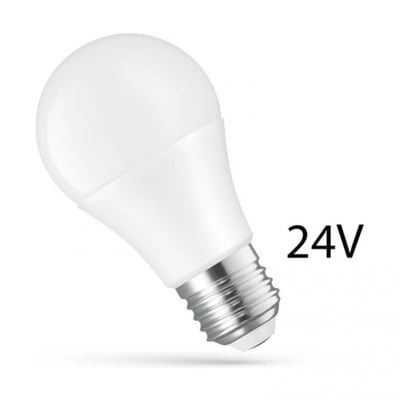 SpectrumLED 24 V LED-pære med E27-fatning, 10 W og 1050 lumen, vist skråt med hvid kuppel og 24 V-tekst.