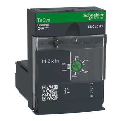 Schneider Electric kortslutningsudløser LUCL 1,25-5A til 24VDC, viser en 45 mm bred enhed med justeringsskive og mærkat.