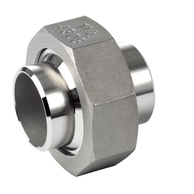 Union i rustfrit stål AISI 316 med konisk tætning og 1" dimension, fremhævet på hvid baggrund.