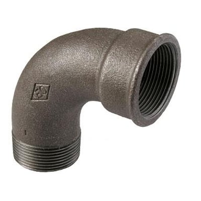 Sort 90-graders vinkel fitting i blødstøbt jern, 1/2 tomme, med indvendige og udvendige rørgevind, standard ISO 49-DS/EN 10242.