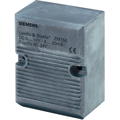 Siemens ZM150 elektronikhus til køleventil med mærkning af Landis & Staefa, AC 24V forsyning og CE-godkendelse.