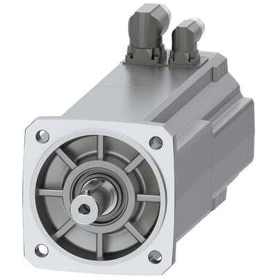 Siemens SIMOTICS S-1FK2 HI servomotor med 12 Nm drejningsmoment og 2,2 kW effekt, vist med flange, aksel og to vinklede konnektorer.